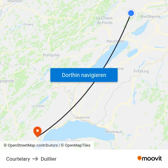 Courtelary to Duillier map