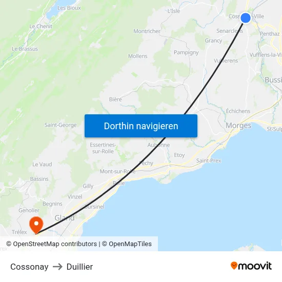 Cossonay to Duillier map