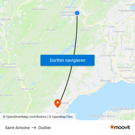 Saint-Antoine to Duillier map