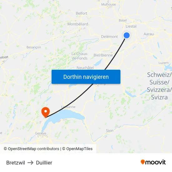 Bretzwil to Duillier map