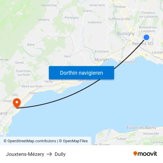 Jouxtens-Mézery to Dully map