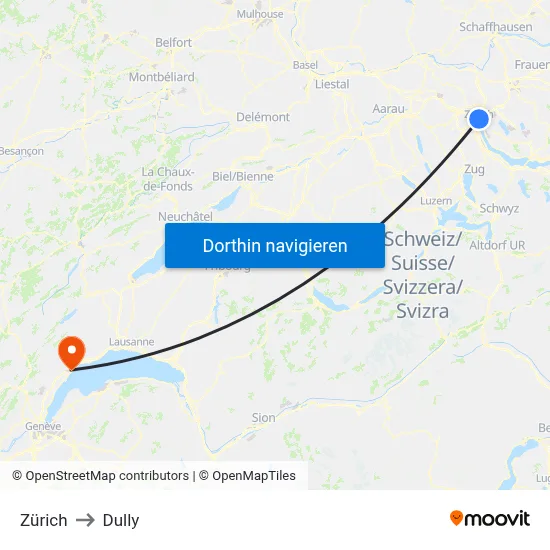 Zürich to Dully map