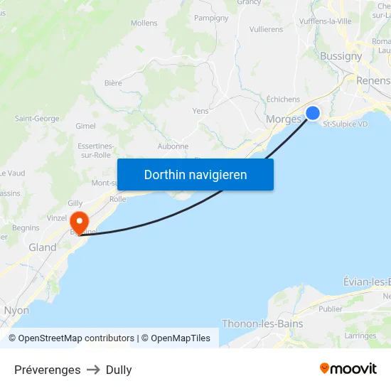 Préverenges to Dully map