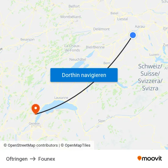 Oftringen to Founex map
