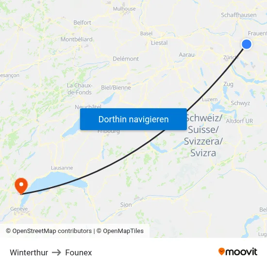 Winterthur to Founex map
