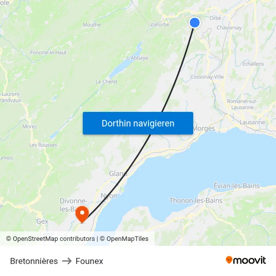 Bretonnières to Founex map