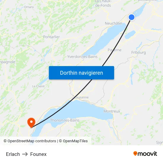 Erlach to Founex map