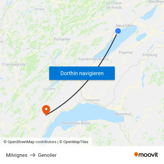 Milvignes to Genolier map