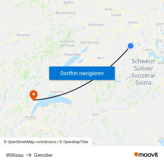 Willisau to Genolier map