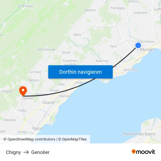 Chigny to Genolier map