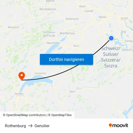 Rothenburg to Genolier map