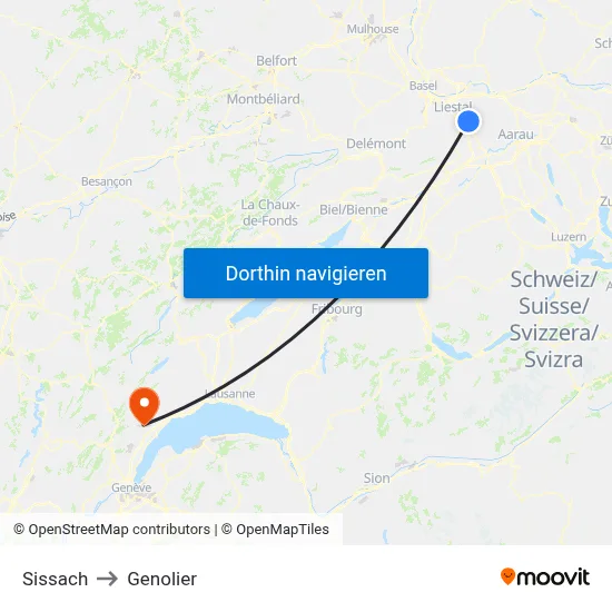 Sissach to Genolier map