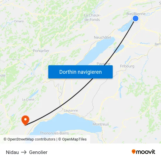 Nidau to Genolier map