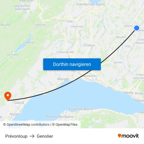 Prévonloup to Genolier map