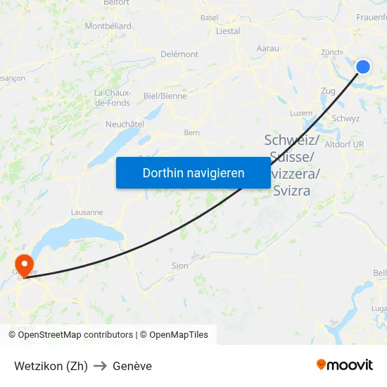 Wetzikon (Zh) to Genève map