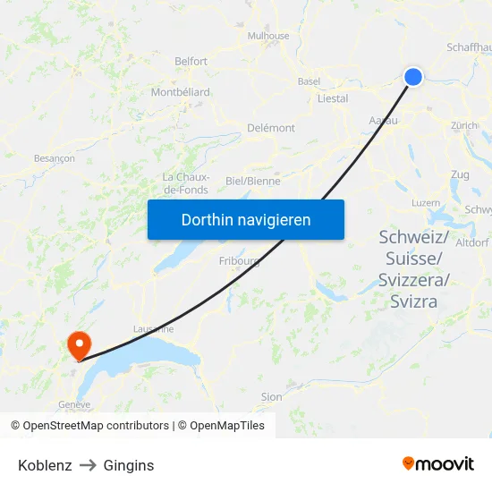 Koblenz to Gingins map