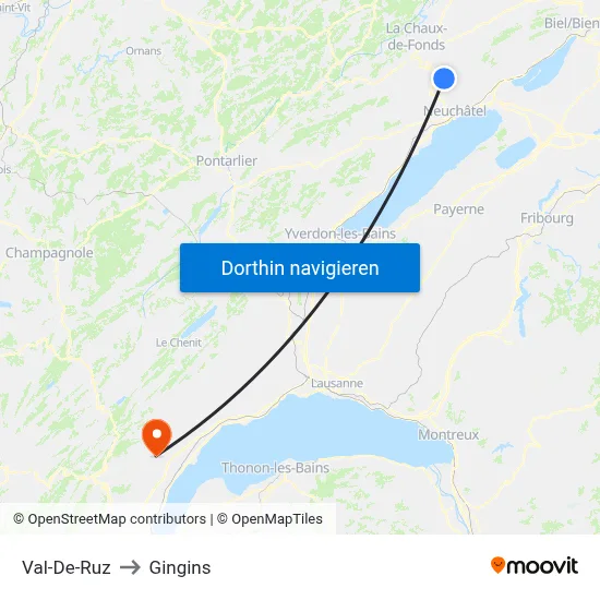Val-De-Ruz to Gingins map