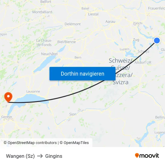 Wangen (Sz) to Gingins map