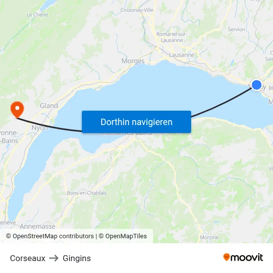 Corseaux to Gingins map