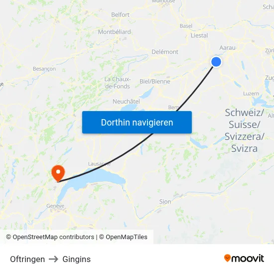 Oftringen to Gingins map