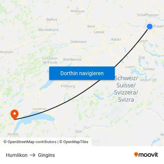Humlikon to Gingins map
