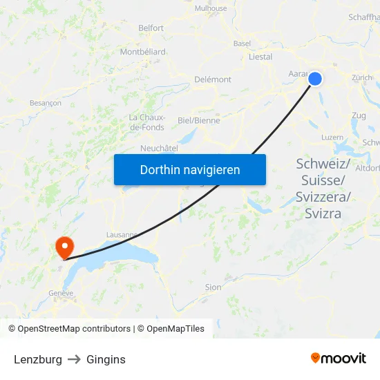 Lenzburg to Gingins map