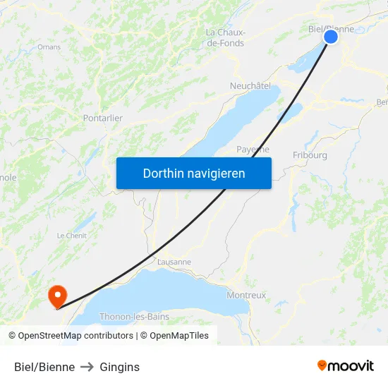 Biel/Bienne to Gingins map
