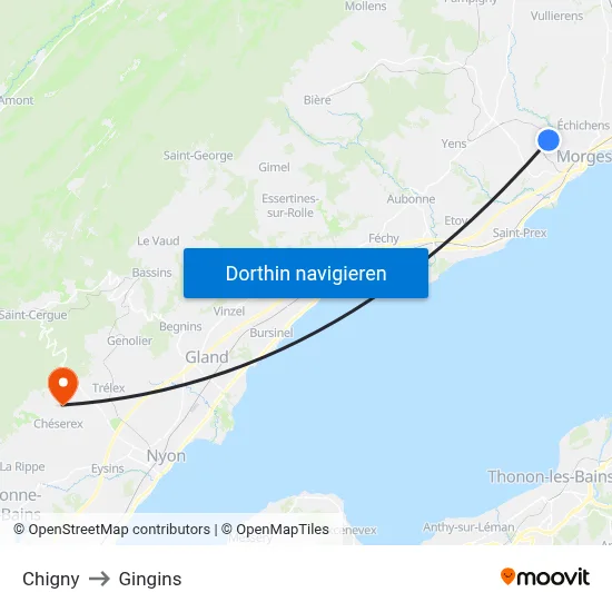 Chigny to Gingins map