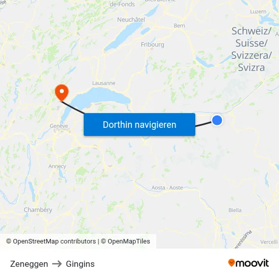 Zeneggen to Gingins map