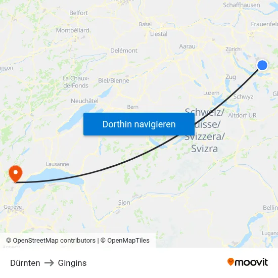 Dürnten to Gingins map
