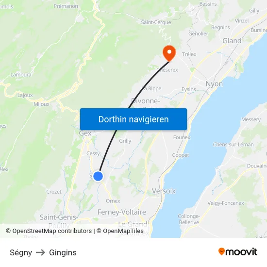Ségny to Gingins map