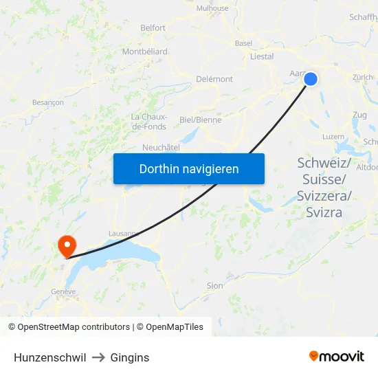 Hunzenschwil to Gingins map