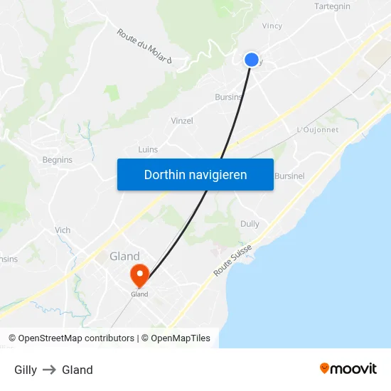 Gilly to Gland map
