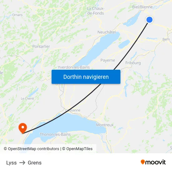 Lyss to Grens map