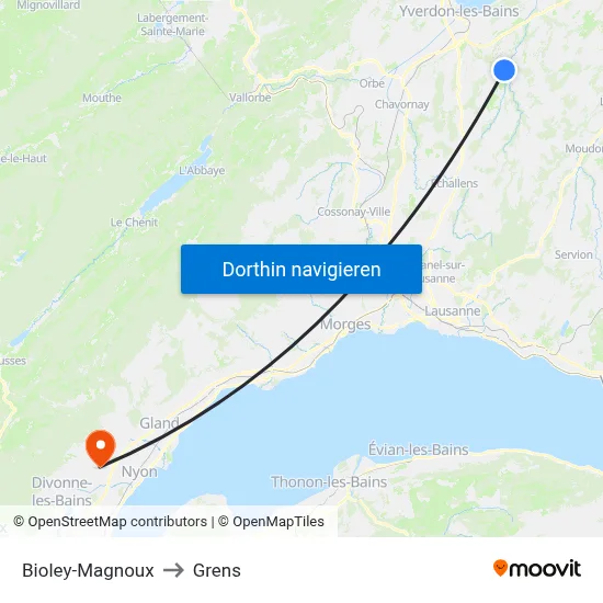 Bioley-Magnoux to Grens map
