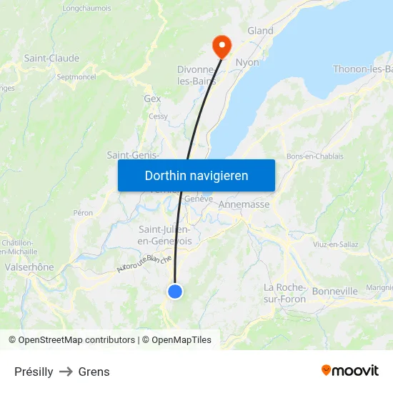 Présilly to Grens map