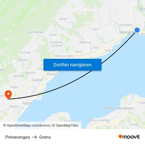 Préverenges to Grens map