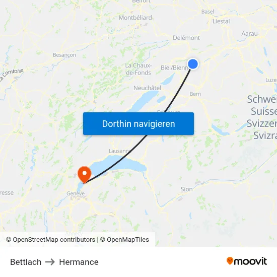 Bettlach to Hermance map