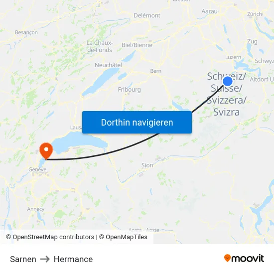 Sarnen to Hermance map