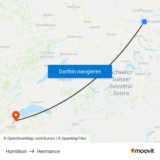 Humlikon to Hermance map