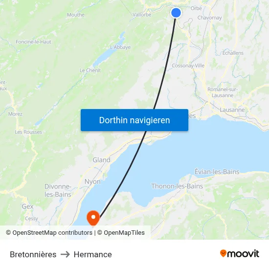 Bretonnières to Hermance map