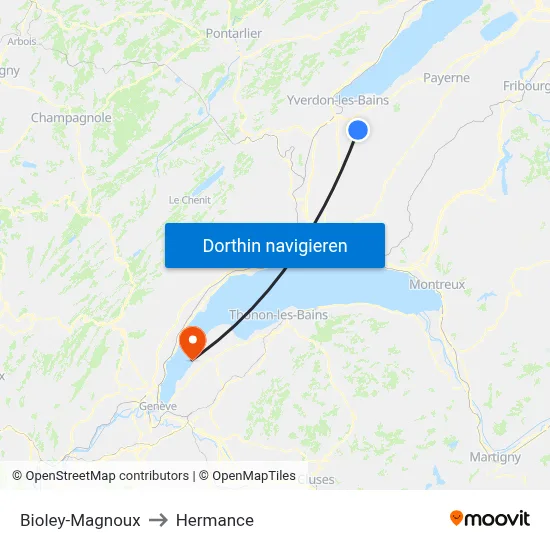 Bioley-Magnoux to Hermance map