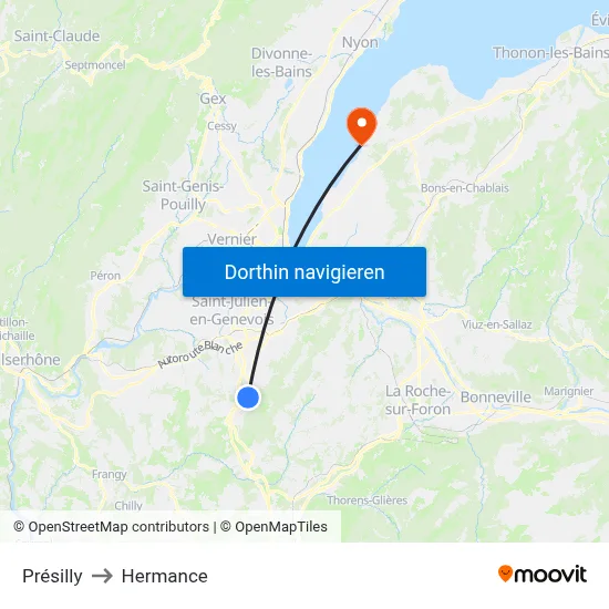 Présilly to Hermance map