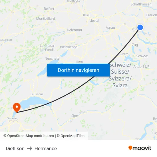 Dietlikon to Hermance map