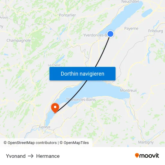 Yvonand to Hermance map