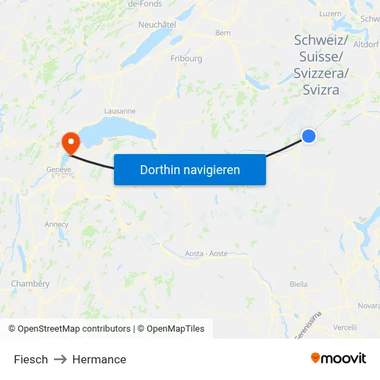 Fiesch to Hermance map