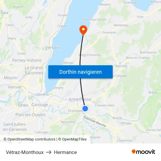Vétraz-Monthoux to Hermance map