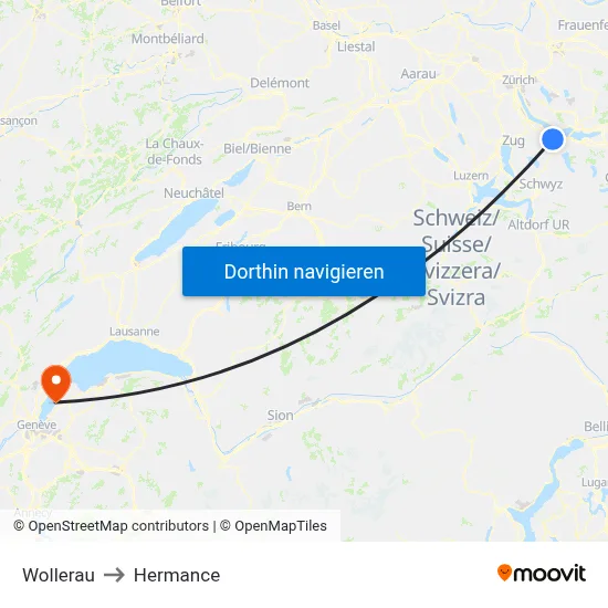 Wollerau to Hermance map