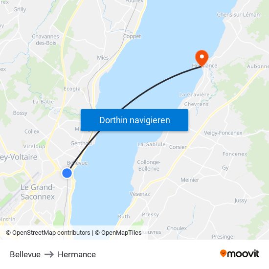 Bellevue to Hermance map