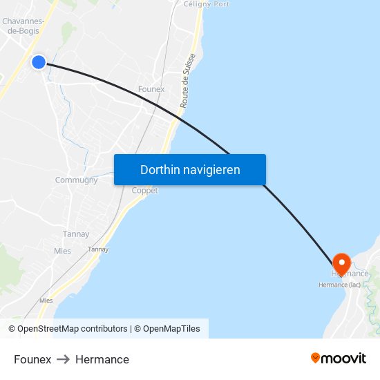 Founex to Hermance map